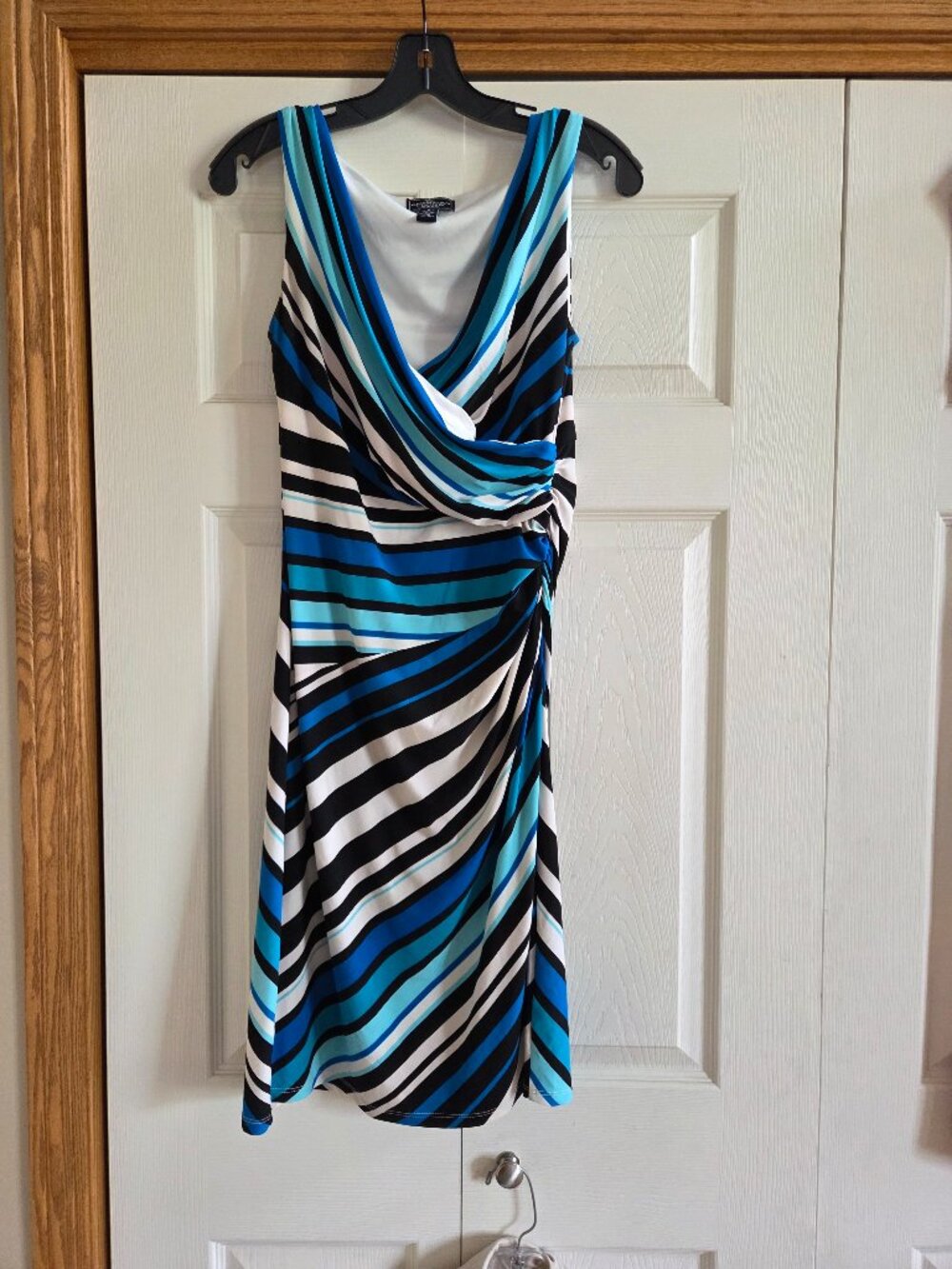 American Living Women's Size 8 Blue Green Black Stripe Neck Sheath Knee Dress